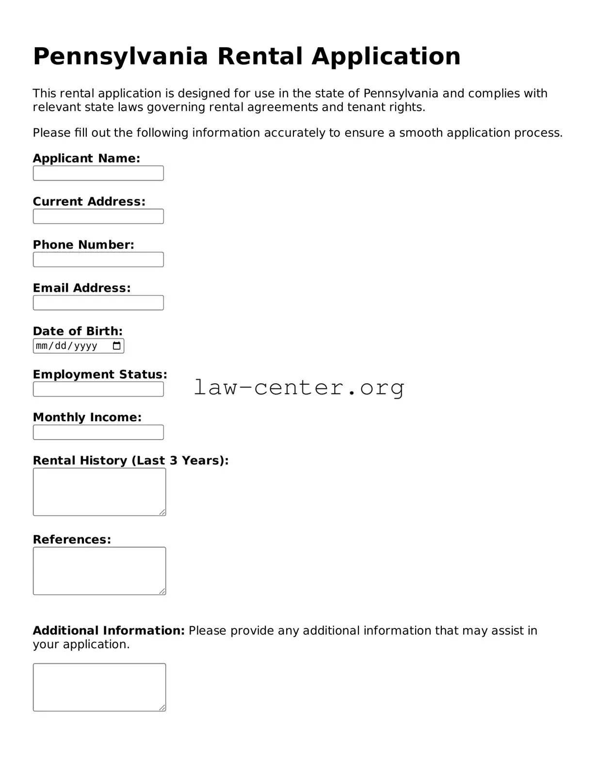 Attorney-Approved Pennsylvania Rental Application Document