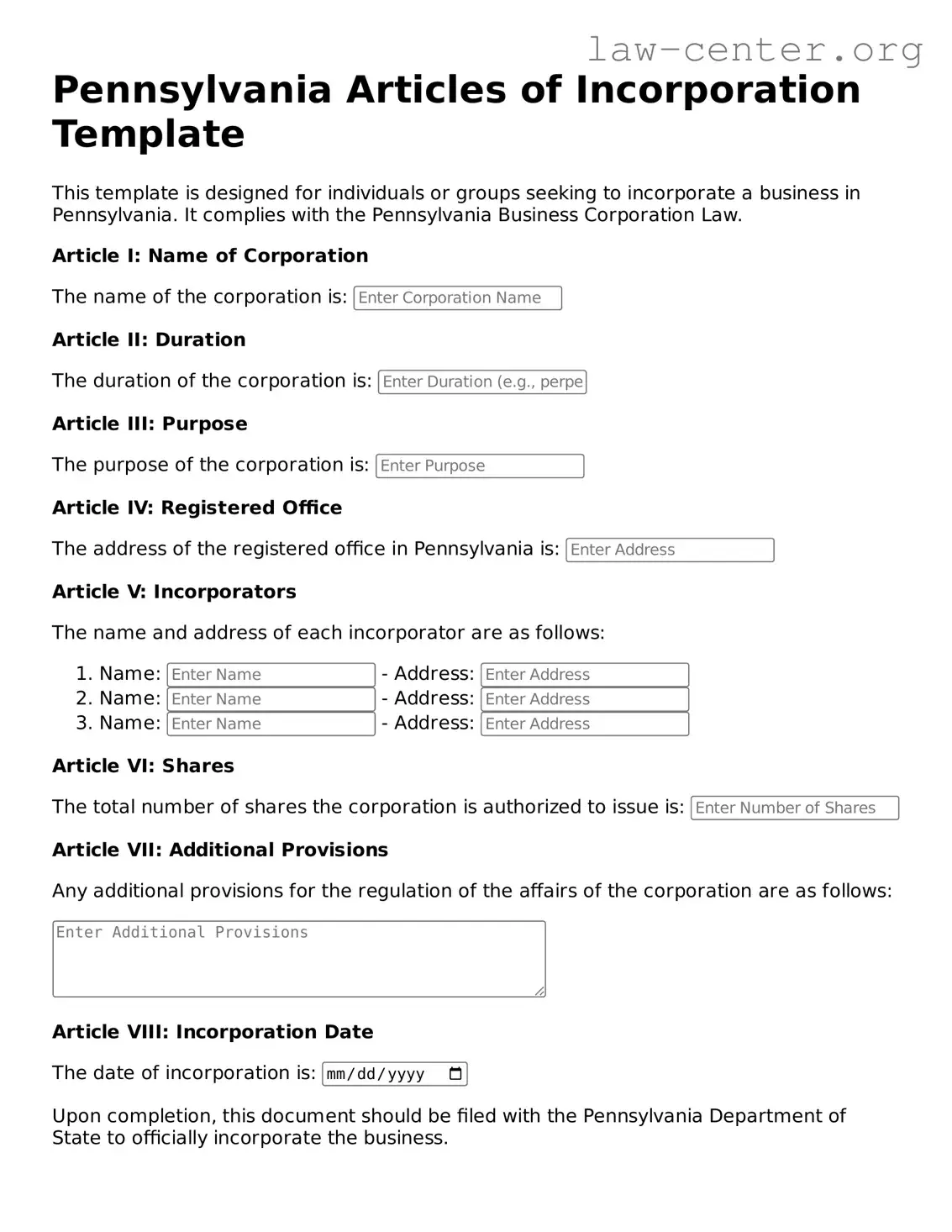Attorney-Approved Pennsylvania Articles of Incorporation Document