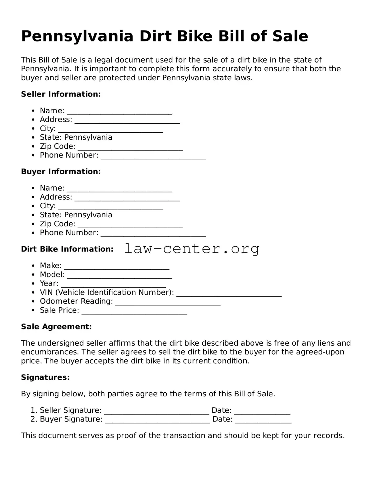 Attorney-Approved Pennsylvania Dirt Bike Bill of Sale Document