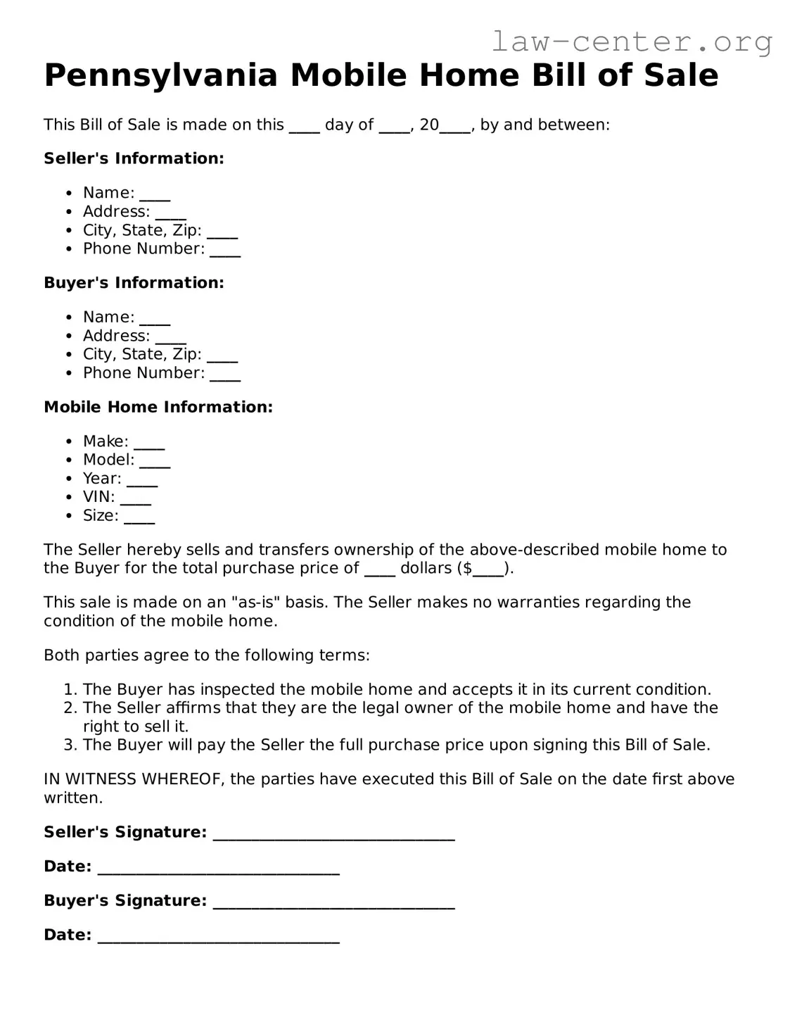 Attorney-Approved Pennsylvania Mobile Home Bill of Sale Document