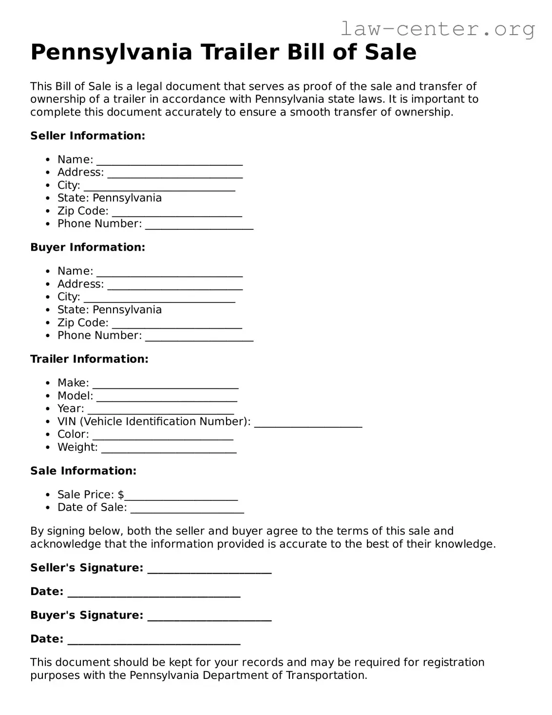 Attorney-Approved Pennsylvania Trailer Bill of Sale Document