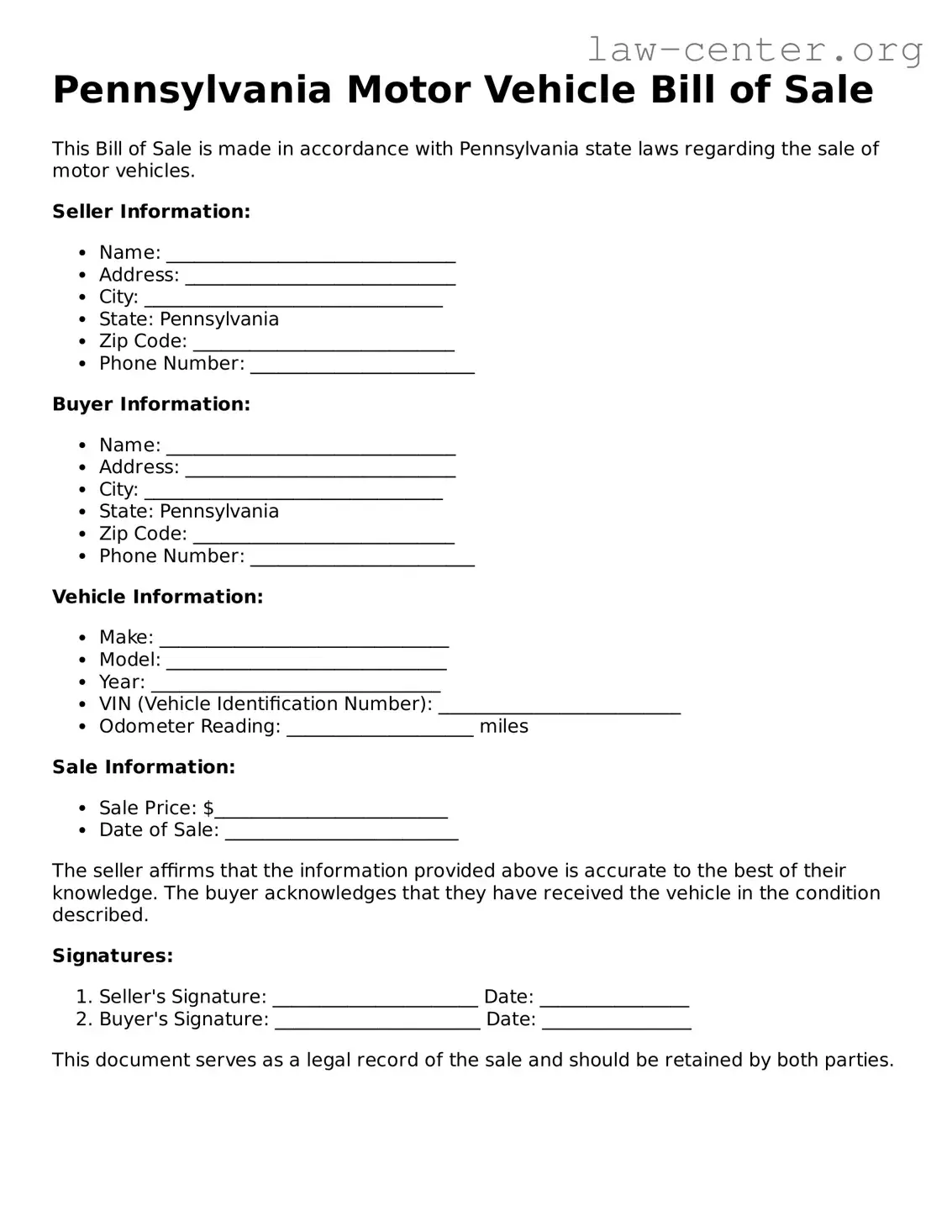 Attorney-Approved Pennsylvania Motor Vehicle Bill of Sale Document