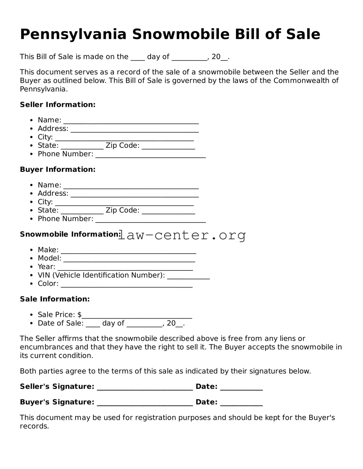 Attorney-Approved Pennsylvania Snowmobile Bill of Sale Document