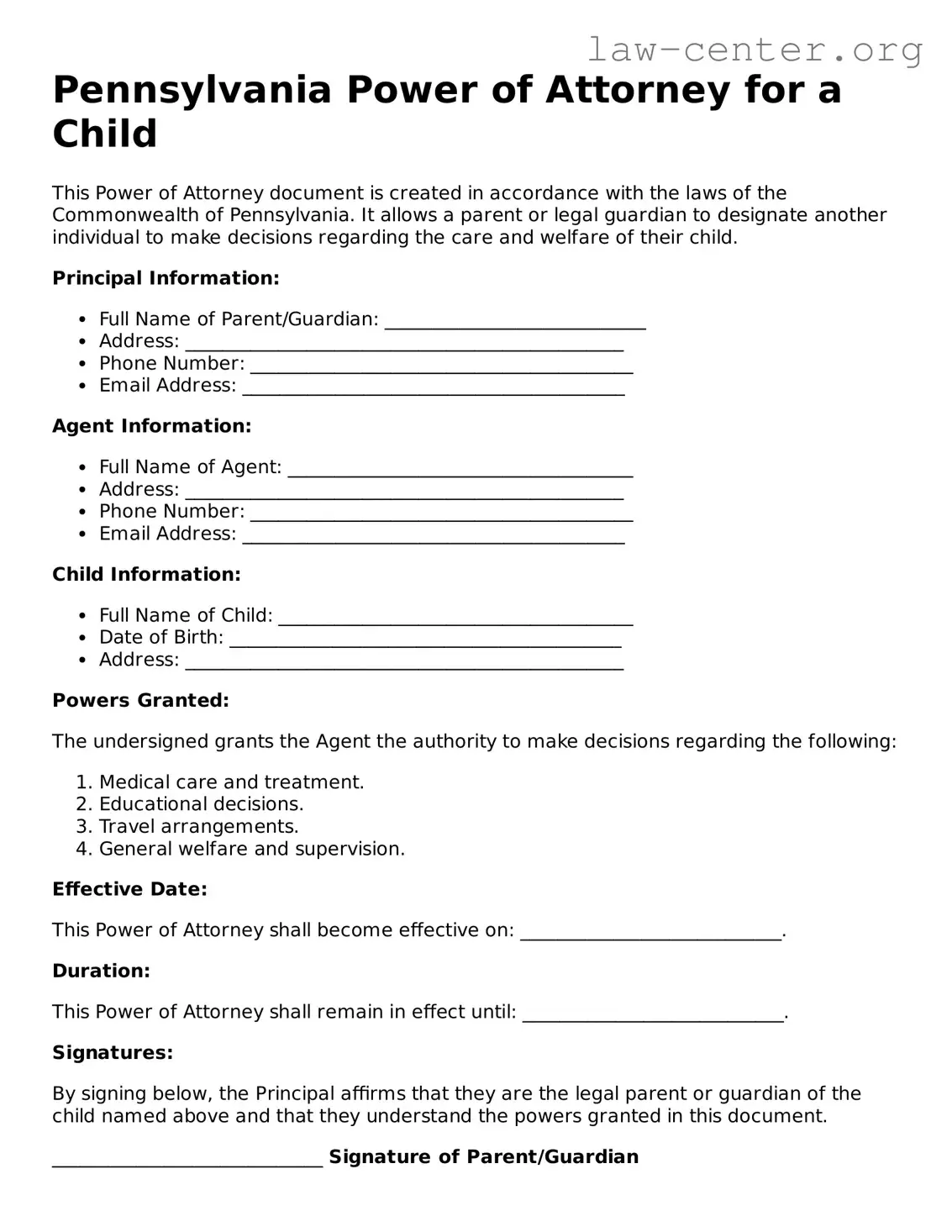 Attorney-Approved Pennsylvania Power of Attorney for a Child Document