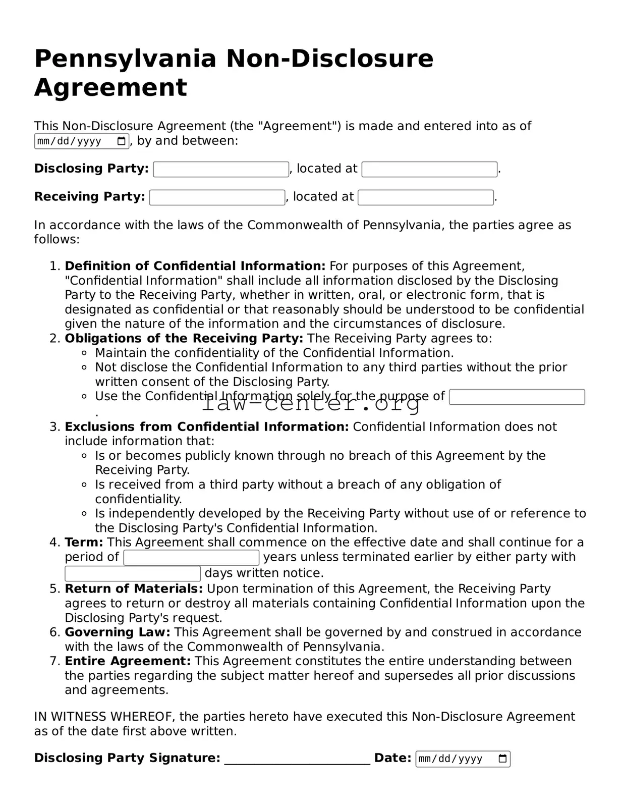 Attorney-Approved Pennsylvania Non-disclosure Agreement Document