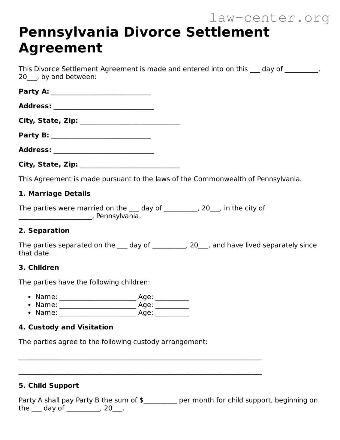Attorney-Approved Pennsylvania Divorce Settlement Agreement Document