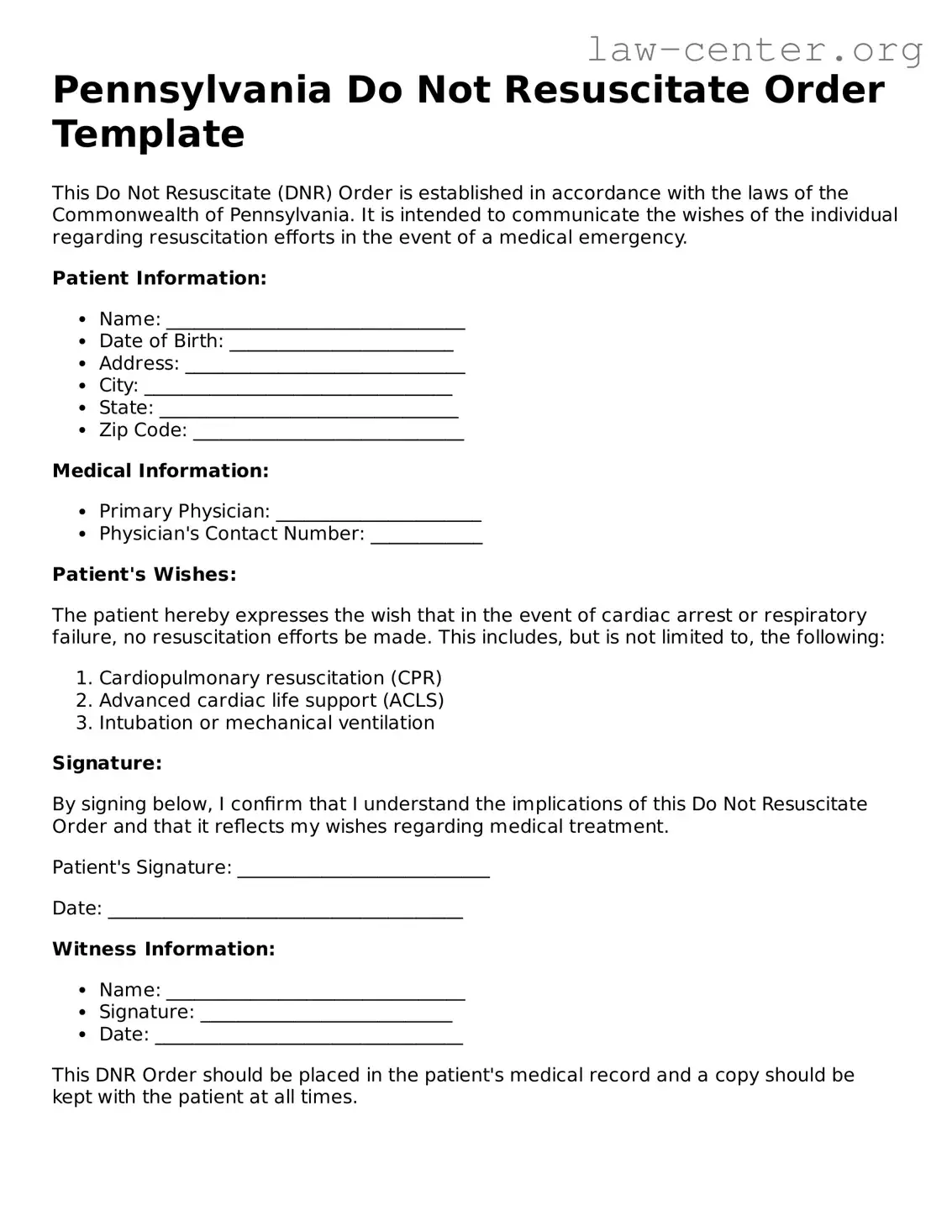 Attorney-Approved Pennsylvania Do Not Resuscitate Order Document