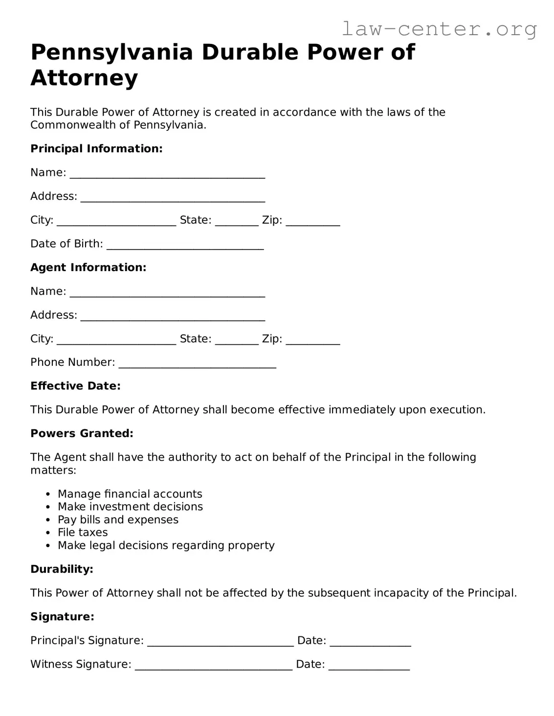 Attorney-Approved Pennsylvania Durable Power of Attorney Document