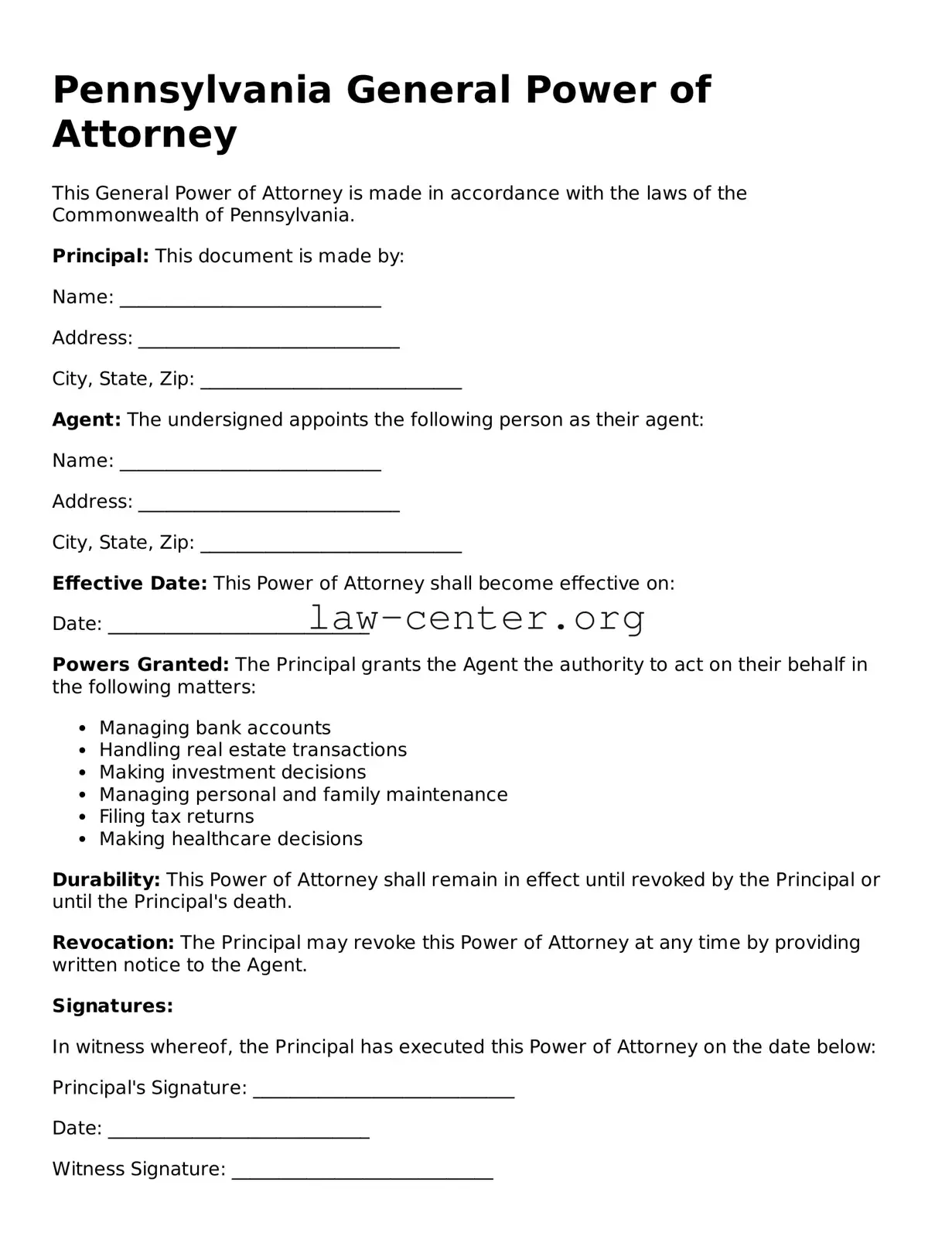Attorney-Approved Pennsylvania General Power of Attorney Document