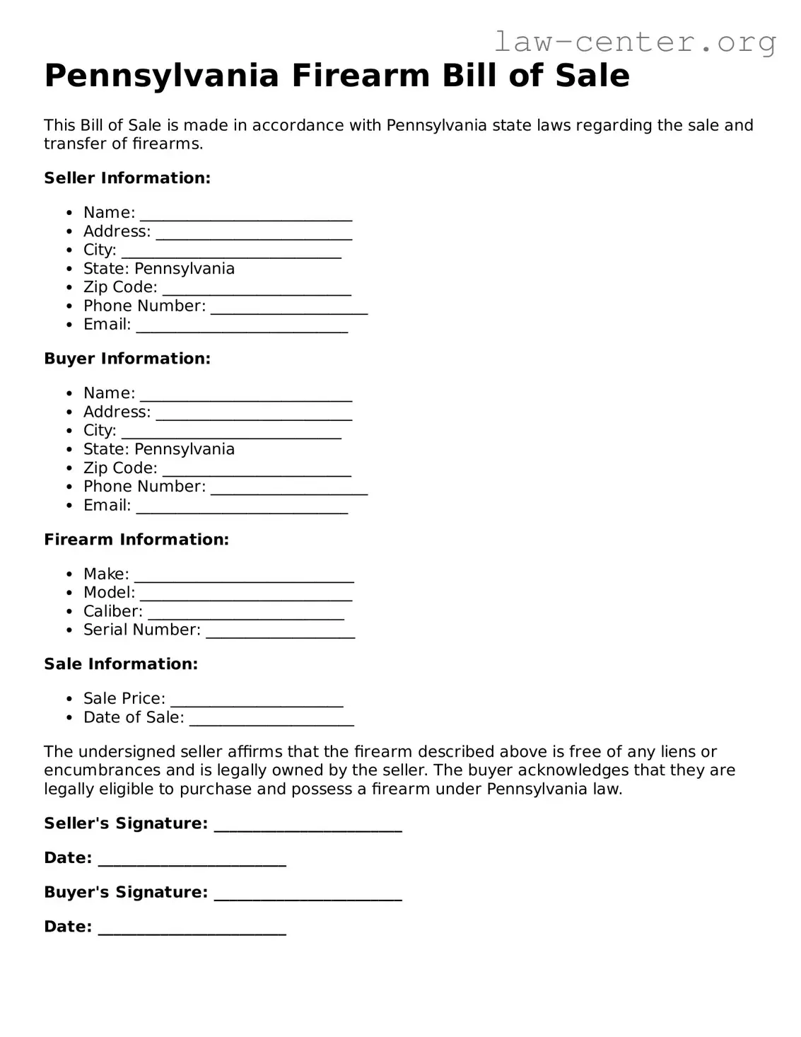 Attorney-Approved Pennsylvania Firearm Bill of Sale Document