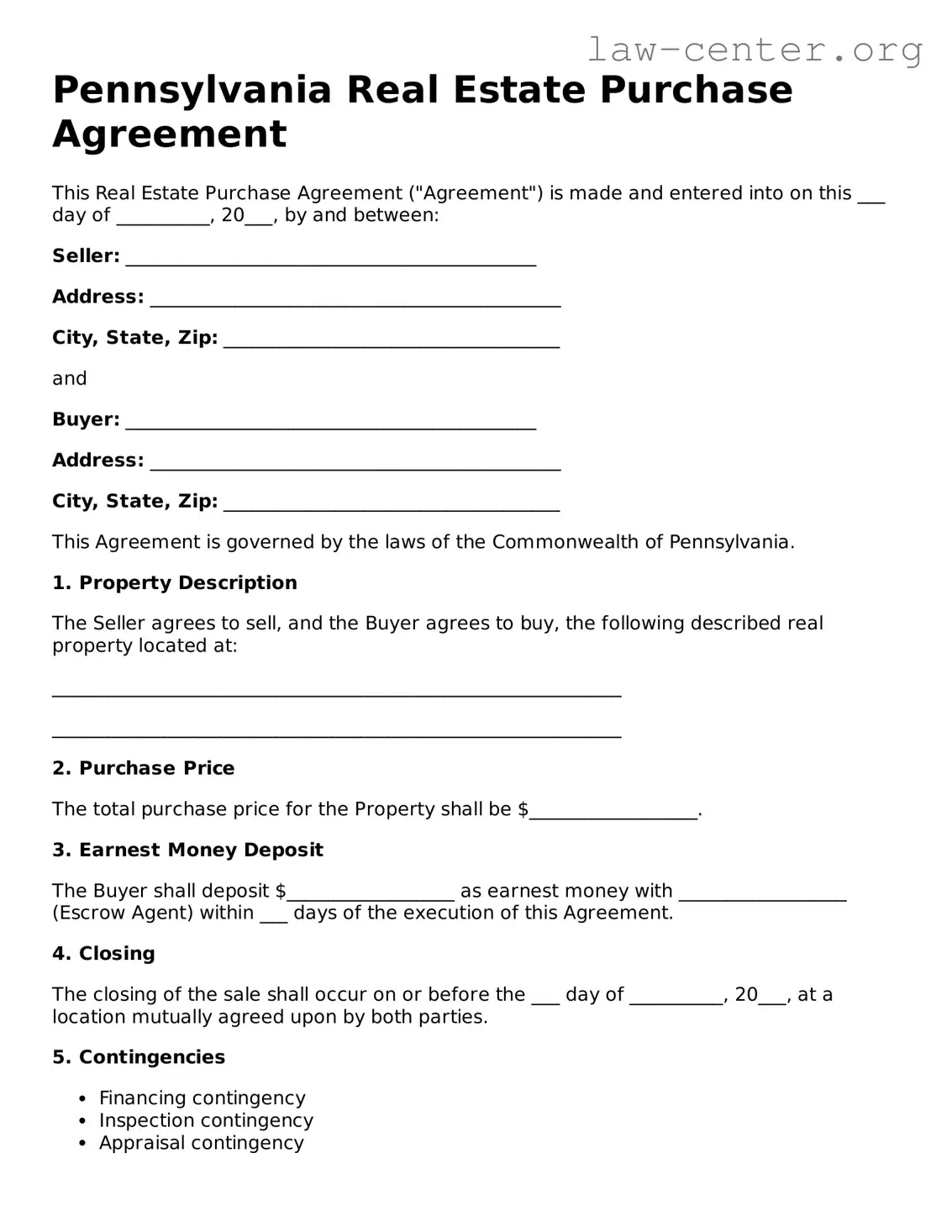 Attorney-Approved Pennsylvania Real Estate Purchase Agreement Document