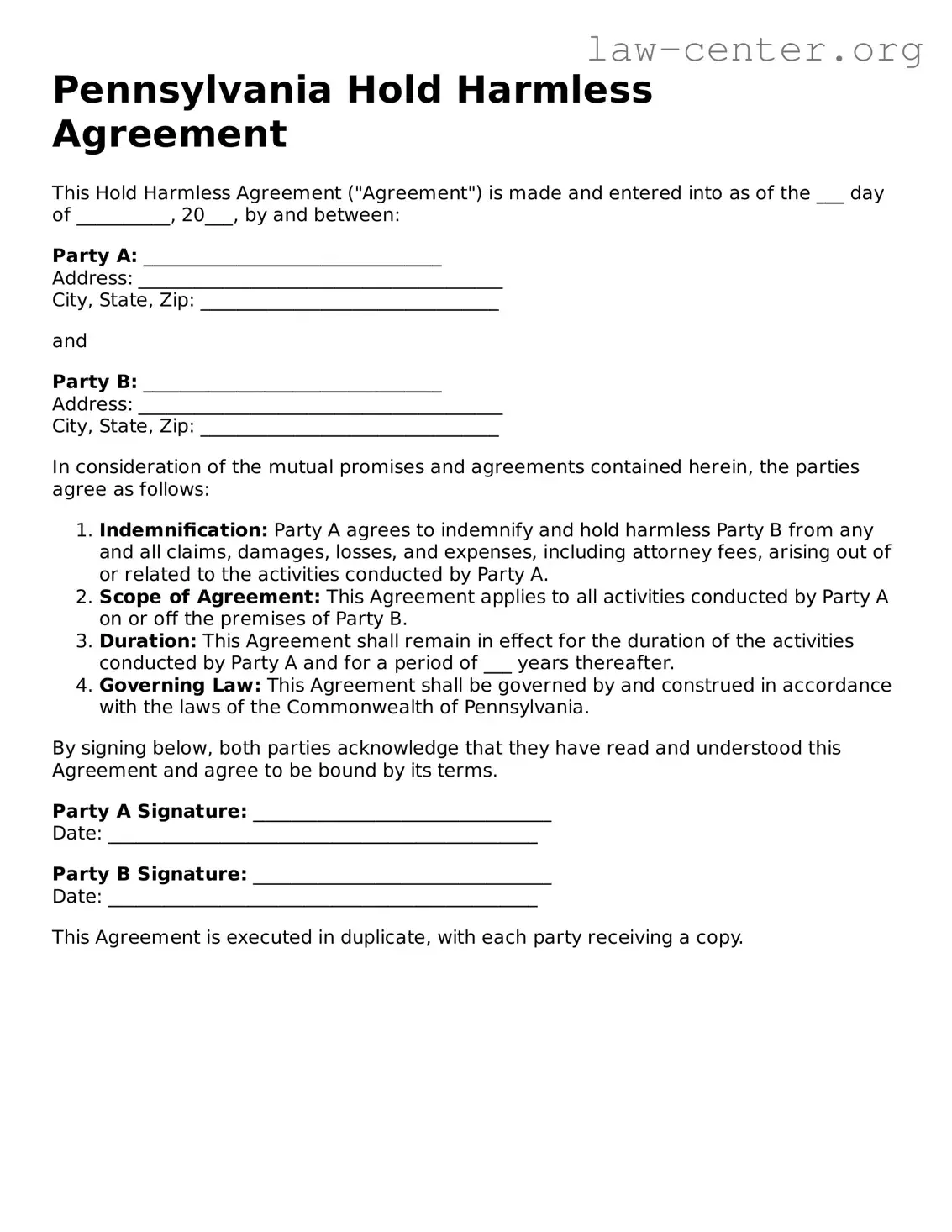 Attorney-Approved Pennsylvania Hold Harmless Agreement Document