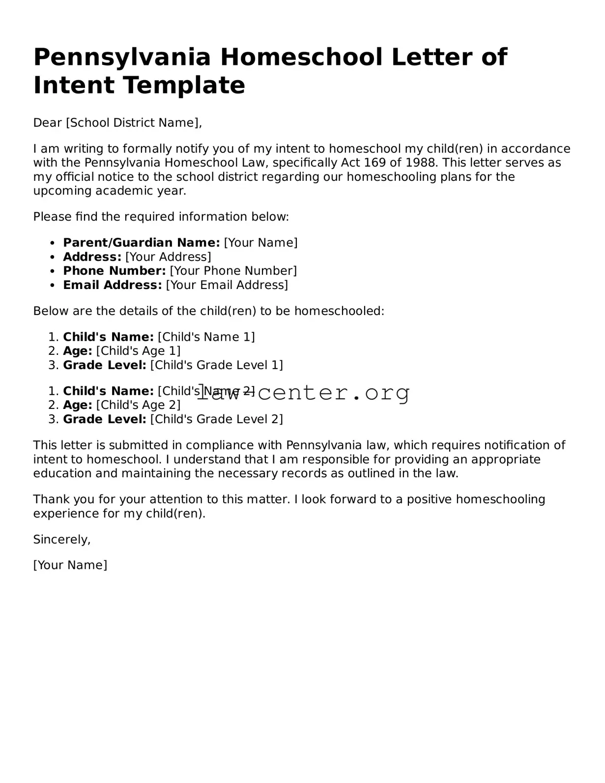 Attorney-Approved Pennsylvania Homeschool Letter of Intent Document