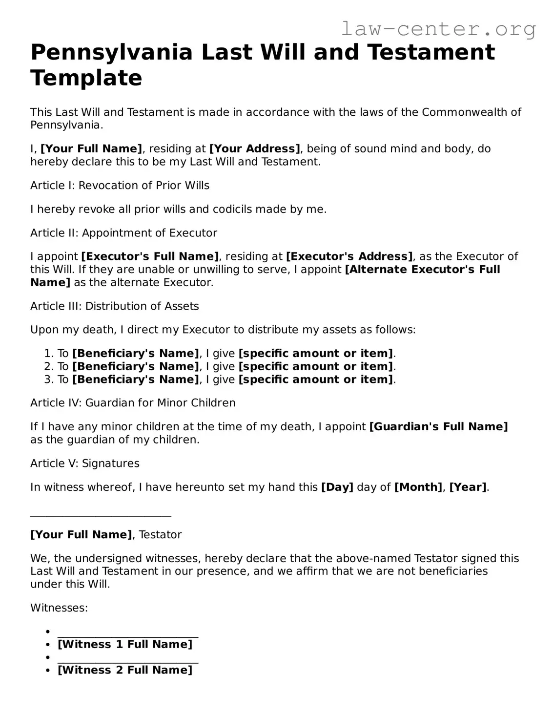 Attorney-Approved Pennsylvania Last Will and Testament Document