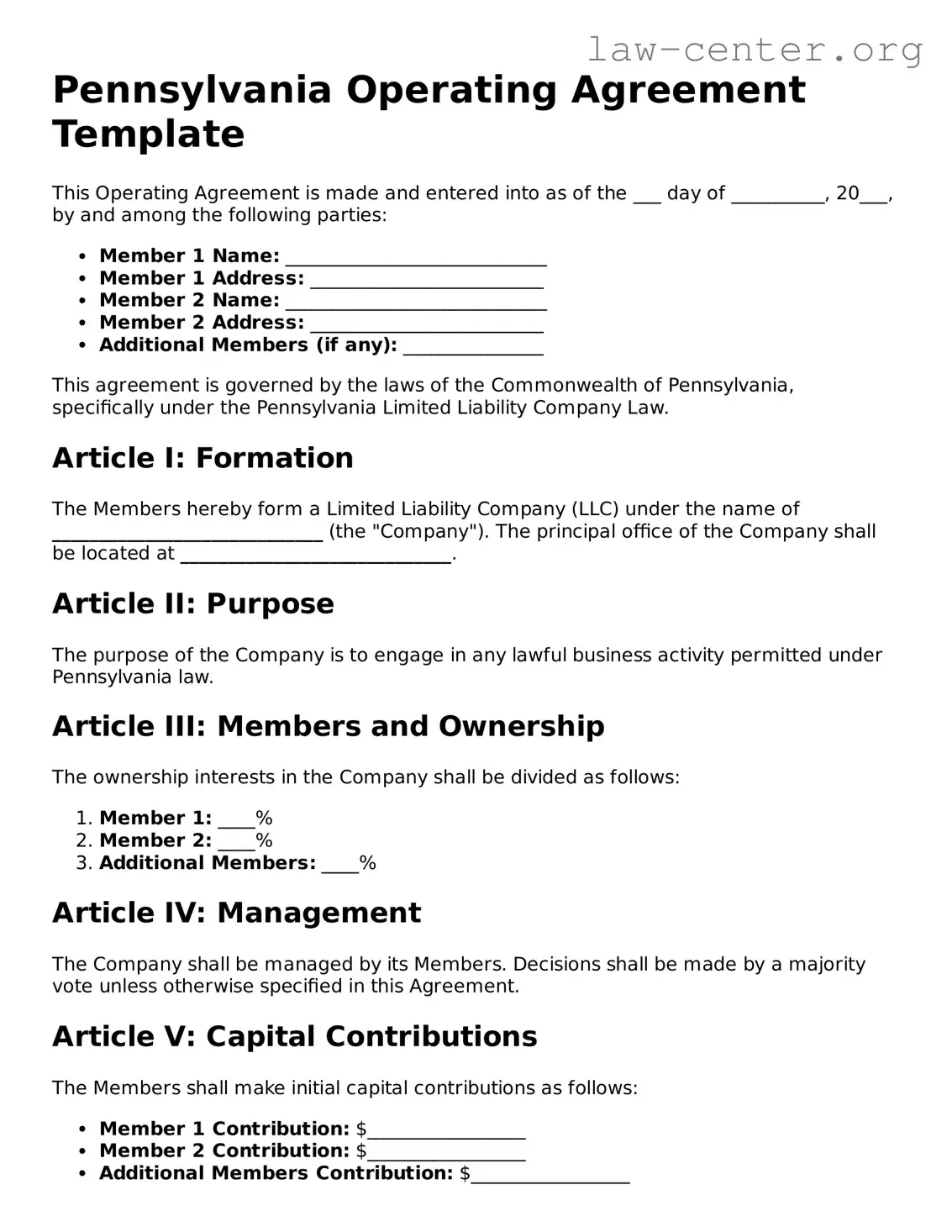Attorney-Approved Pennsylvania Operating Agreement Document