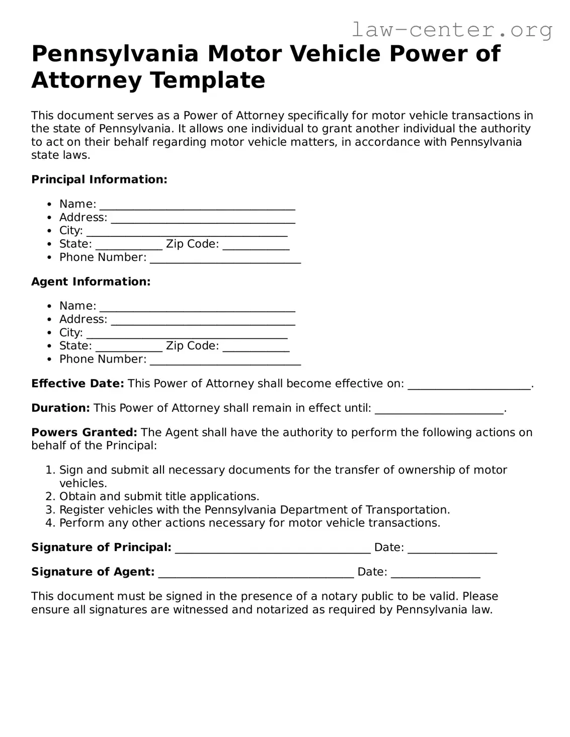 Attorney-Approved Pennsylvania Motor Vehicle Power of Attorney Document