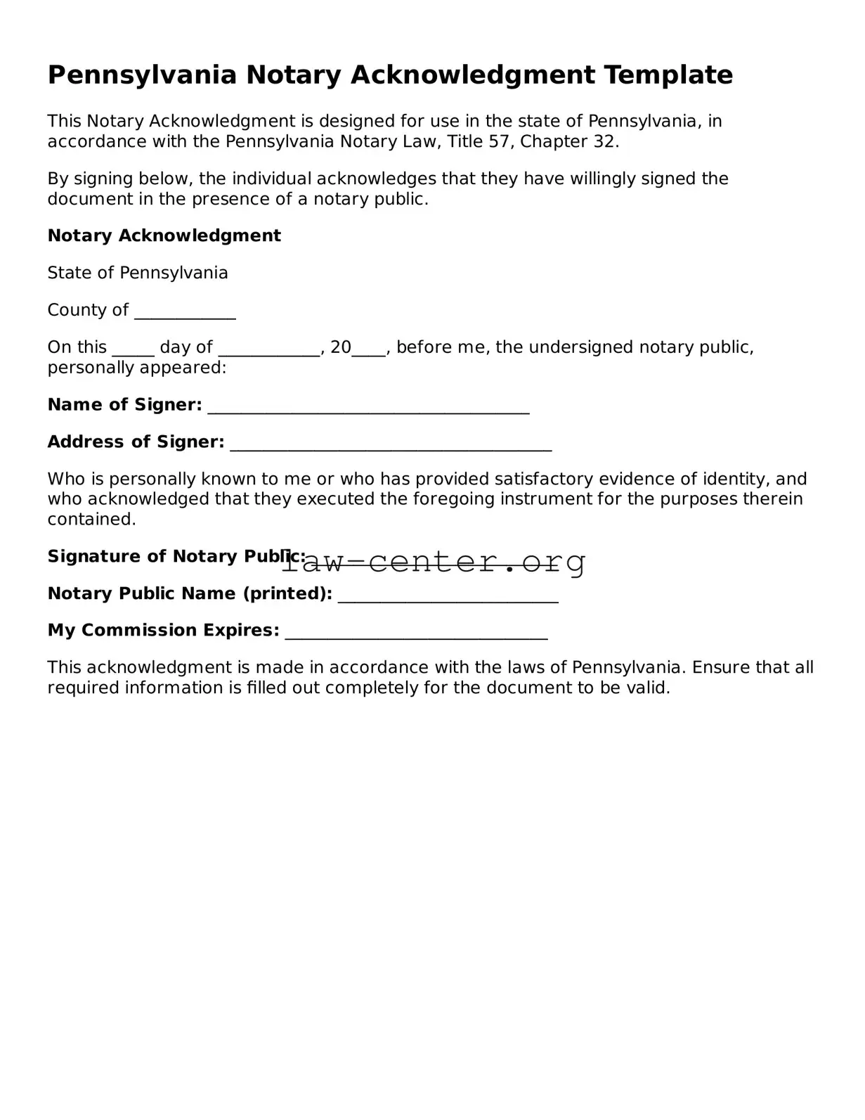 Attorney-Approved Pennsylvania Notary Acknowledgement Document