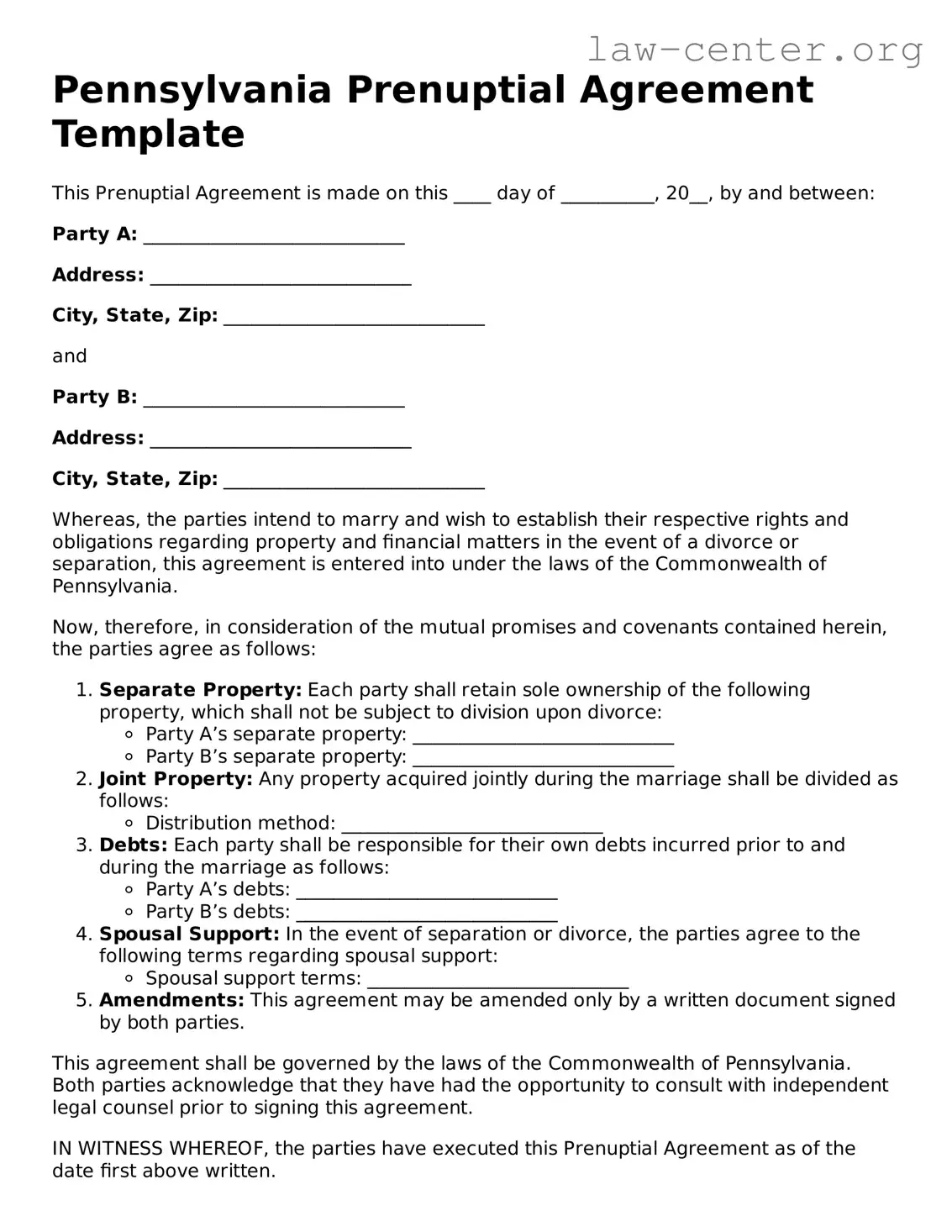 Attorney-Approved Pennsylvania Prenuptial Agreement Document