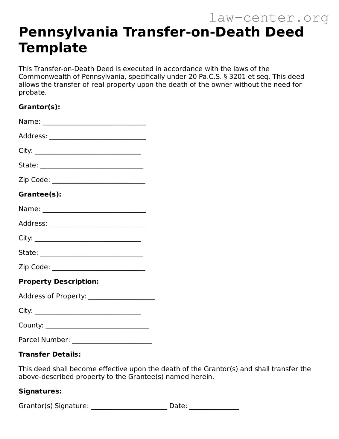 Attorney-Approved Pennsylvania Transfer-on-Death Deed Document