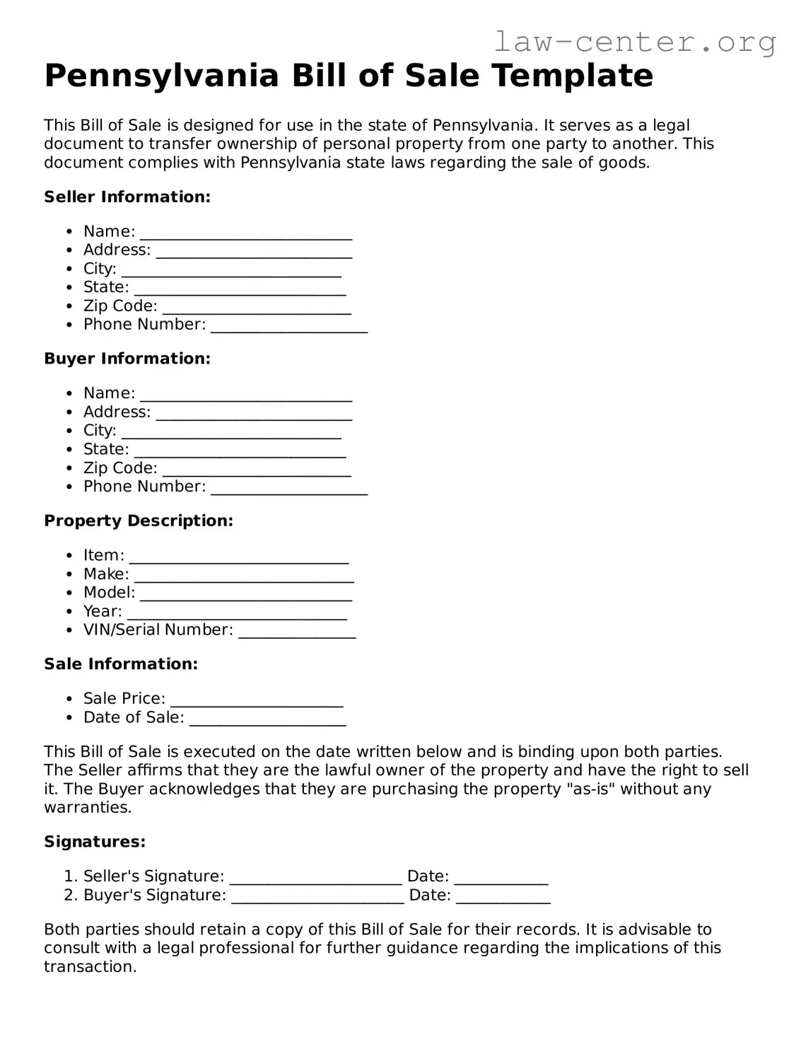 Attorney-Approved Pennsylvania Bill of Sale Document