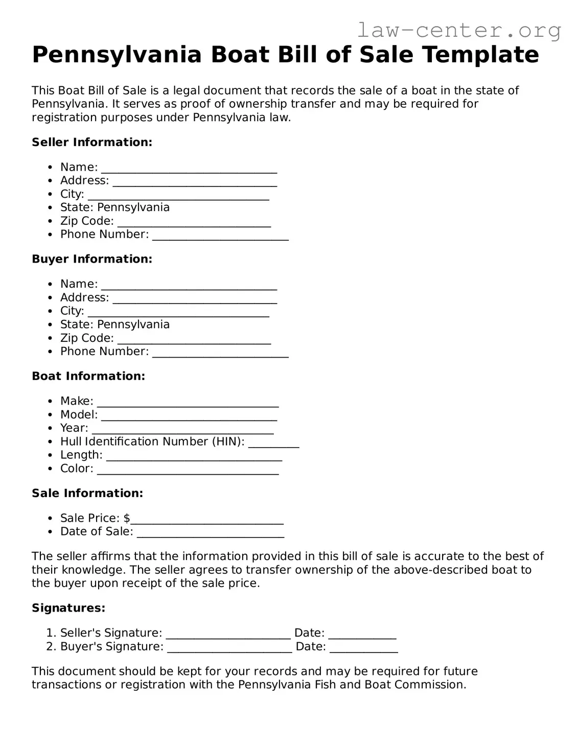 Attorney-Approved Pennsylvania Boat Bill of Sale Document