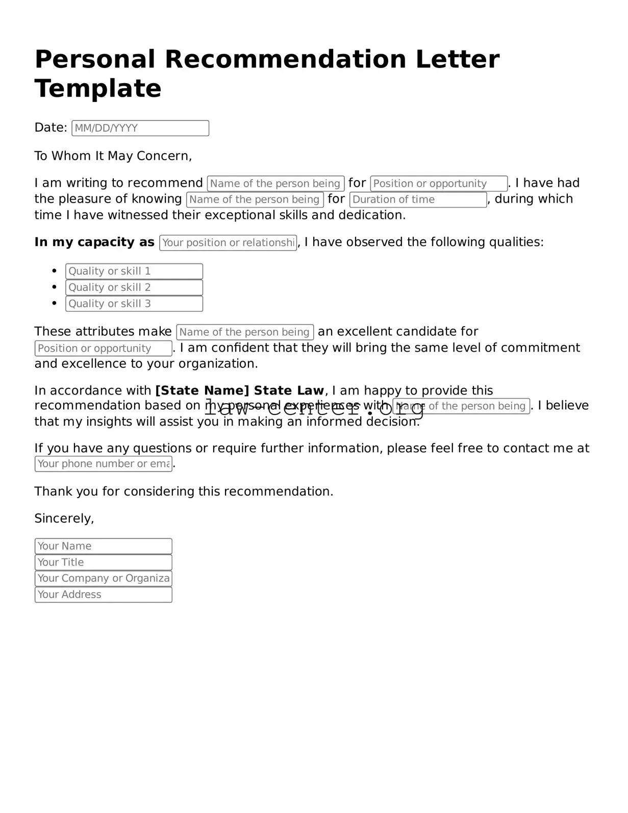 Free Personal Recommendation Letter Template