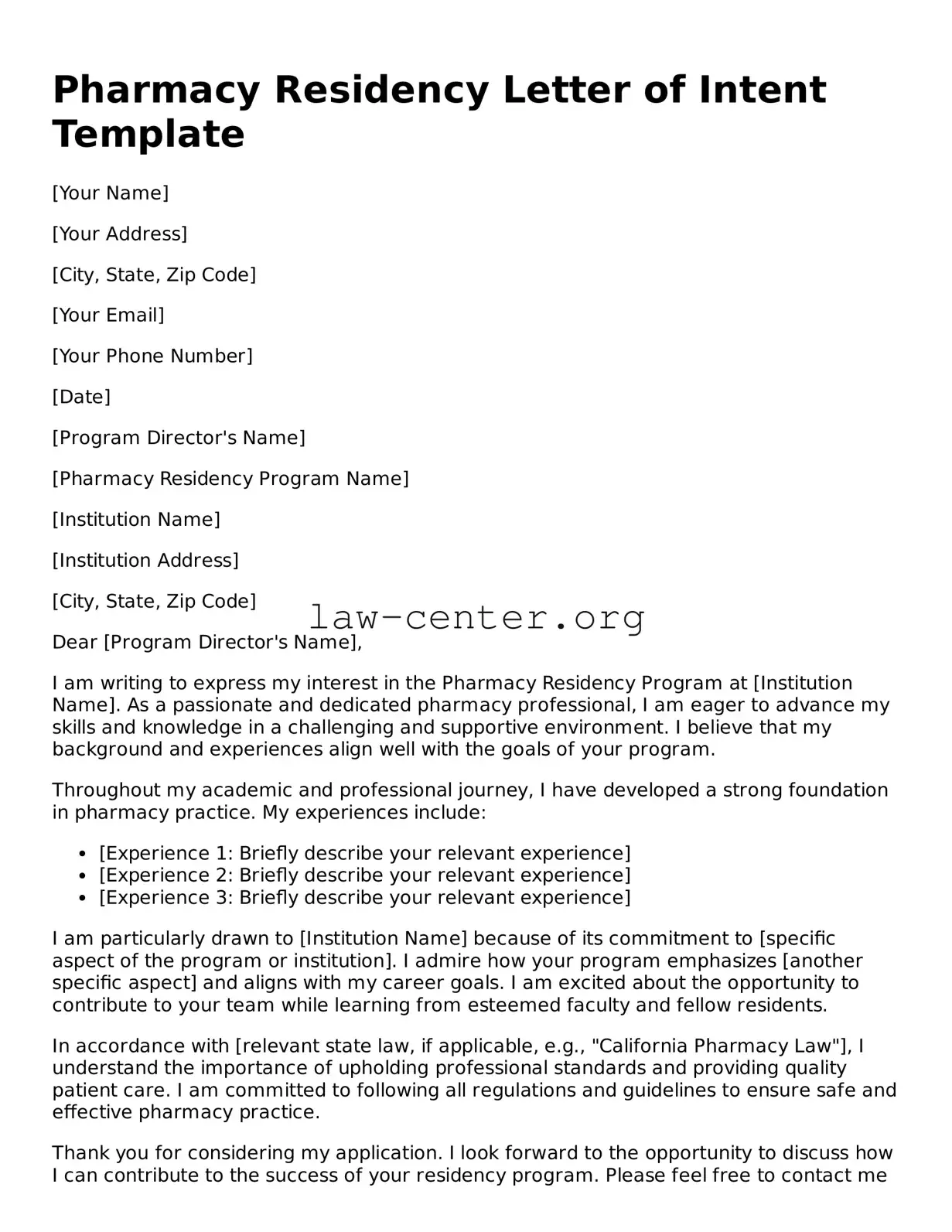 Free Pharmacy Residency Letter of Intent Template