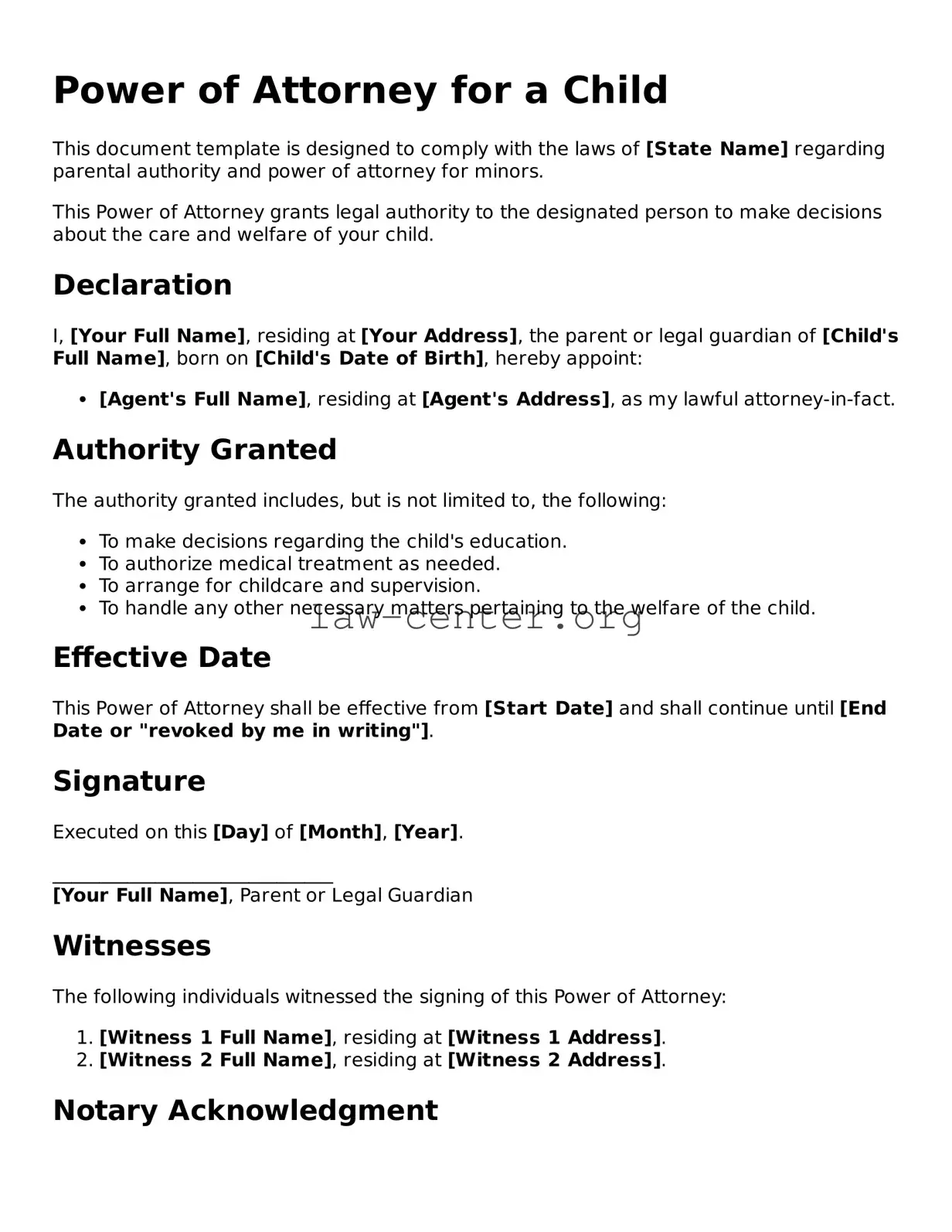 Free Power of Attorney for a Child Template