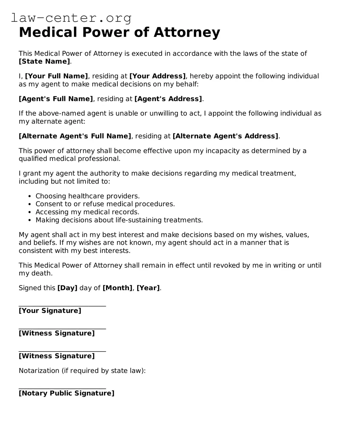 Free Medical Power of Attorney Template