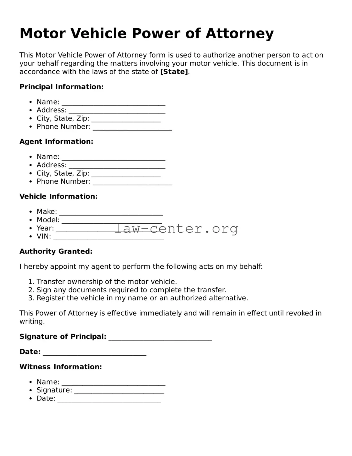 Free Motor Vehicle Power of Attorney Template