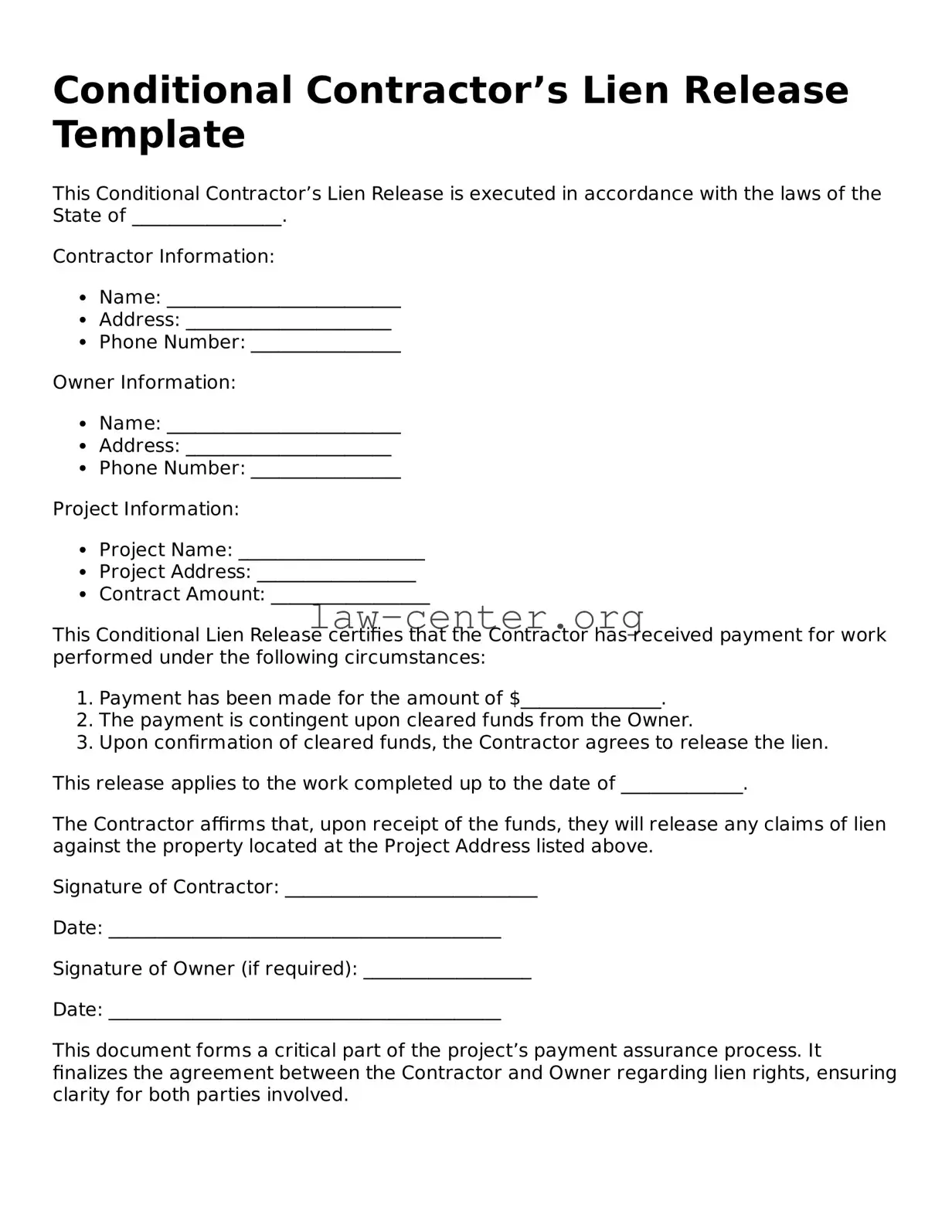 Free Conditional Contractor’s Lien Release Template