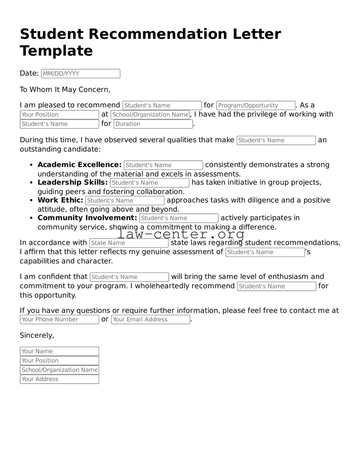 Free Student Recommendation Letter Template