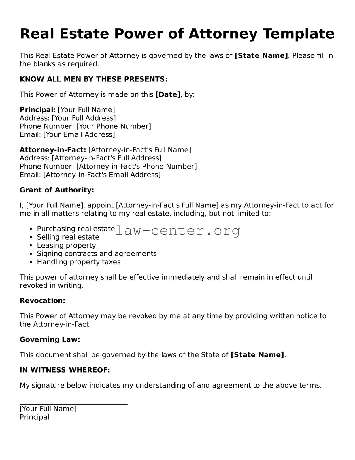 Free Real Estate Power of Attorney Template