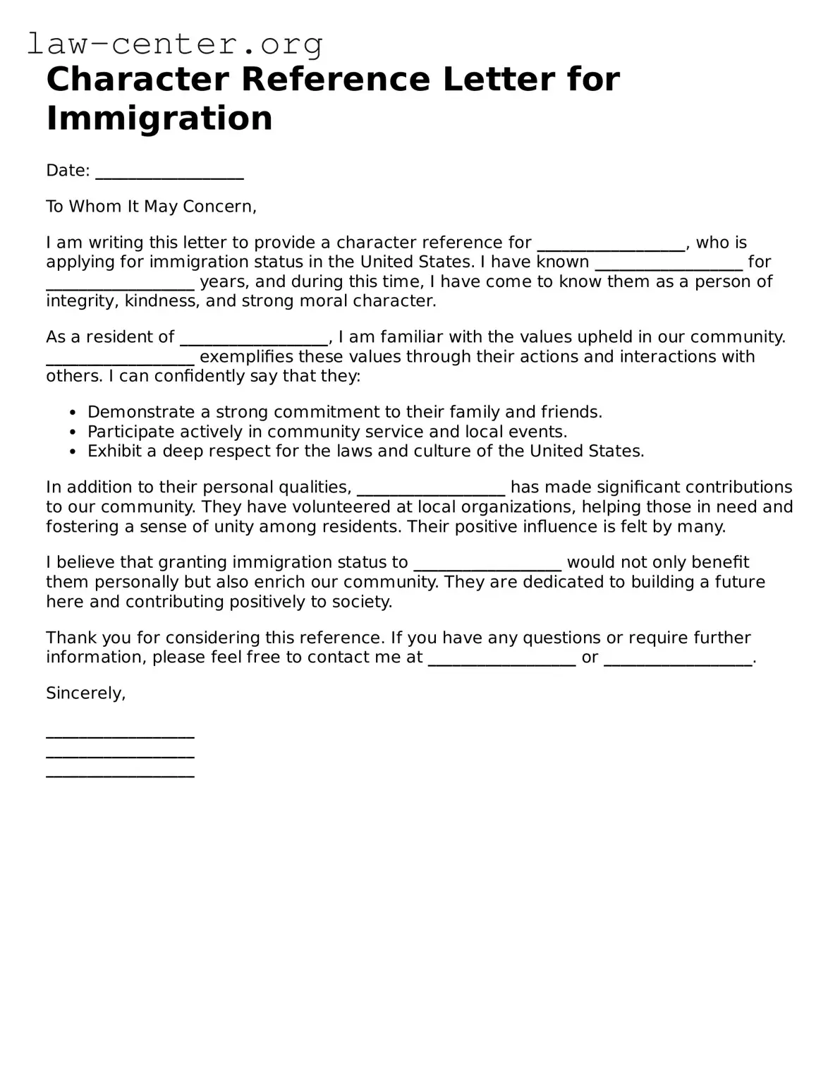 Free Character Reference Letter for Immigration Template