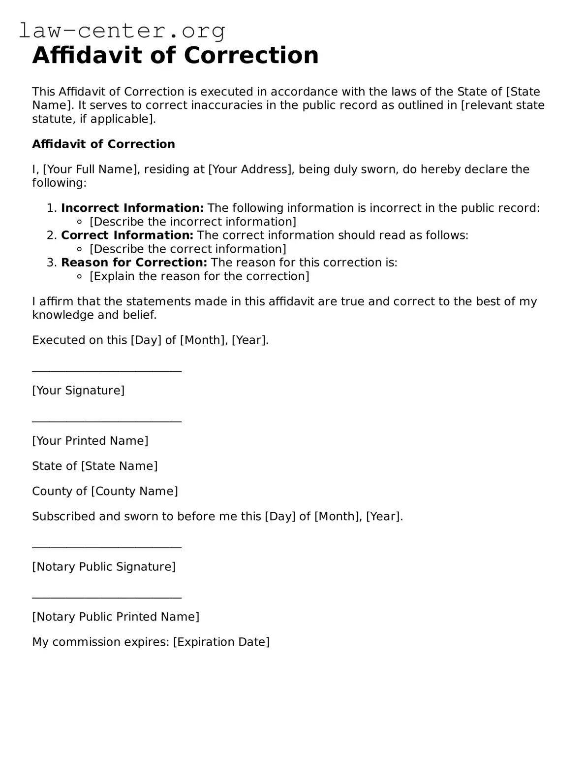 Free Affidavit of Correction Template