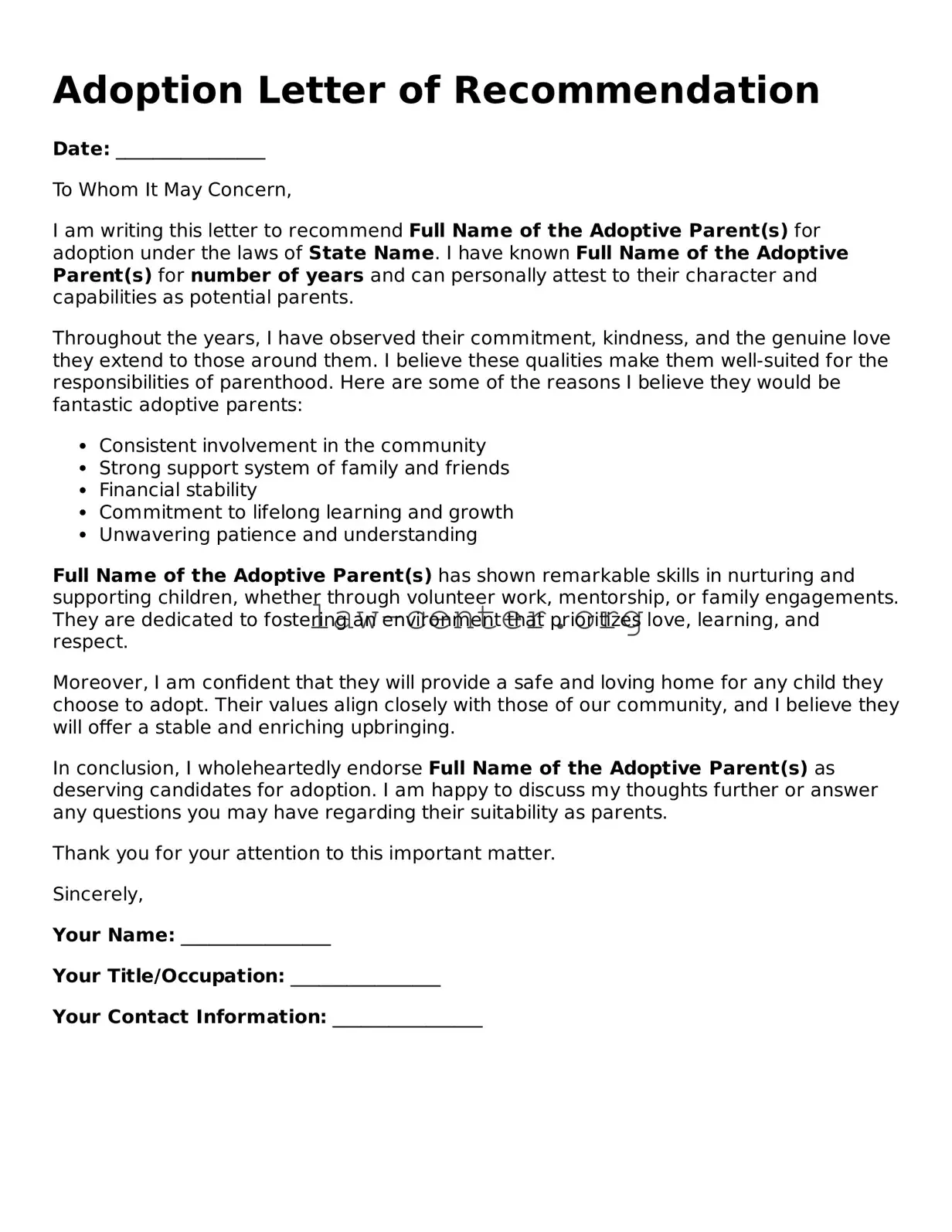 Free Adoption Letter of Recommendation Template