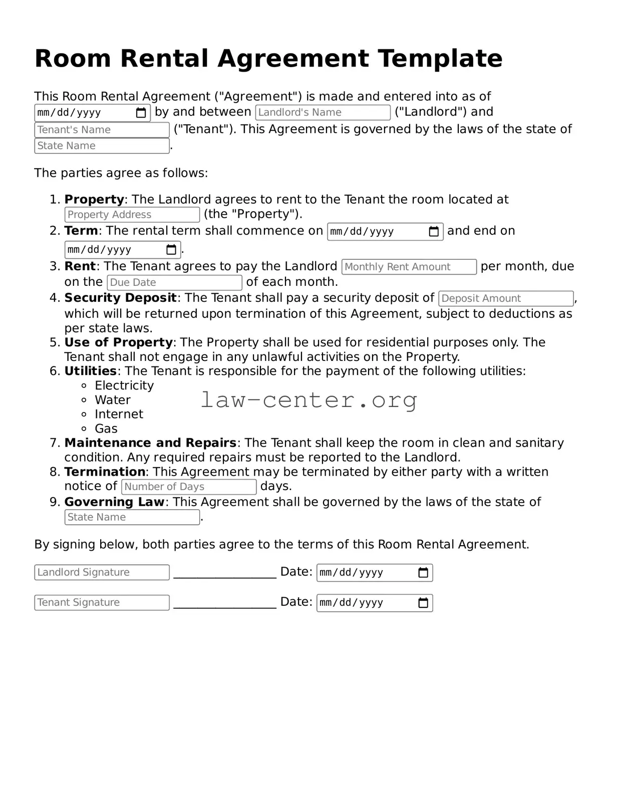 Free Room Rental Agreement Template