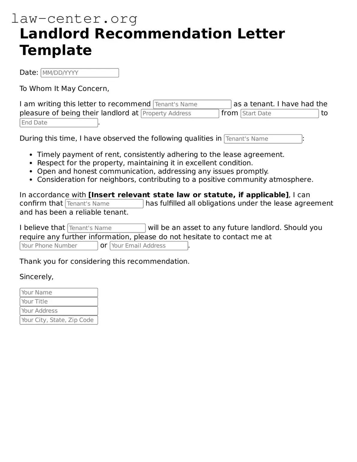 Free Landlord Recommendation Letter Template