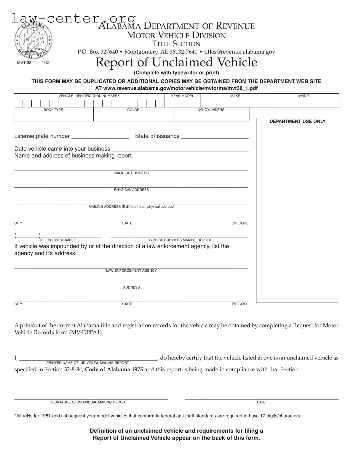 Get Alabama Mvt 38 1 Form