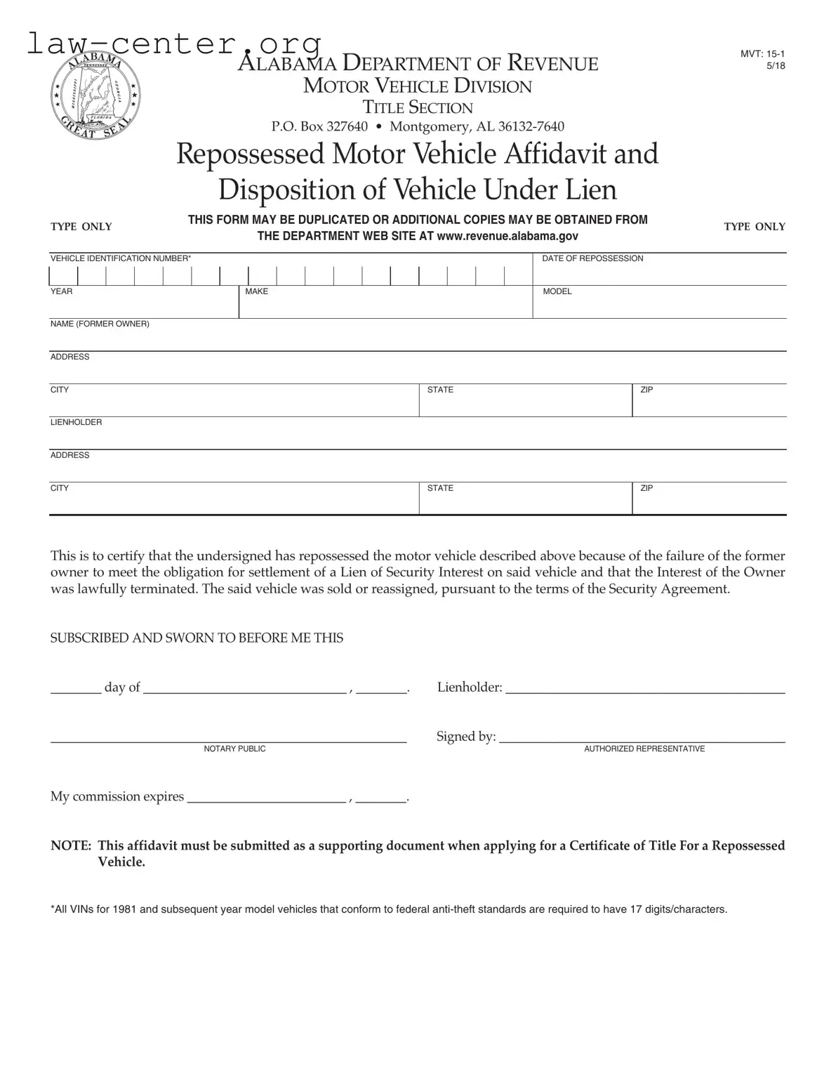 Get Alabama Mvt 15 1 Form