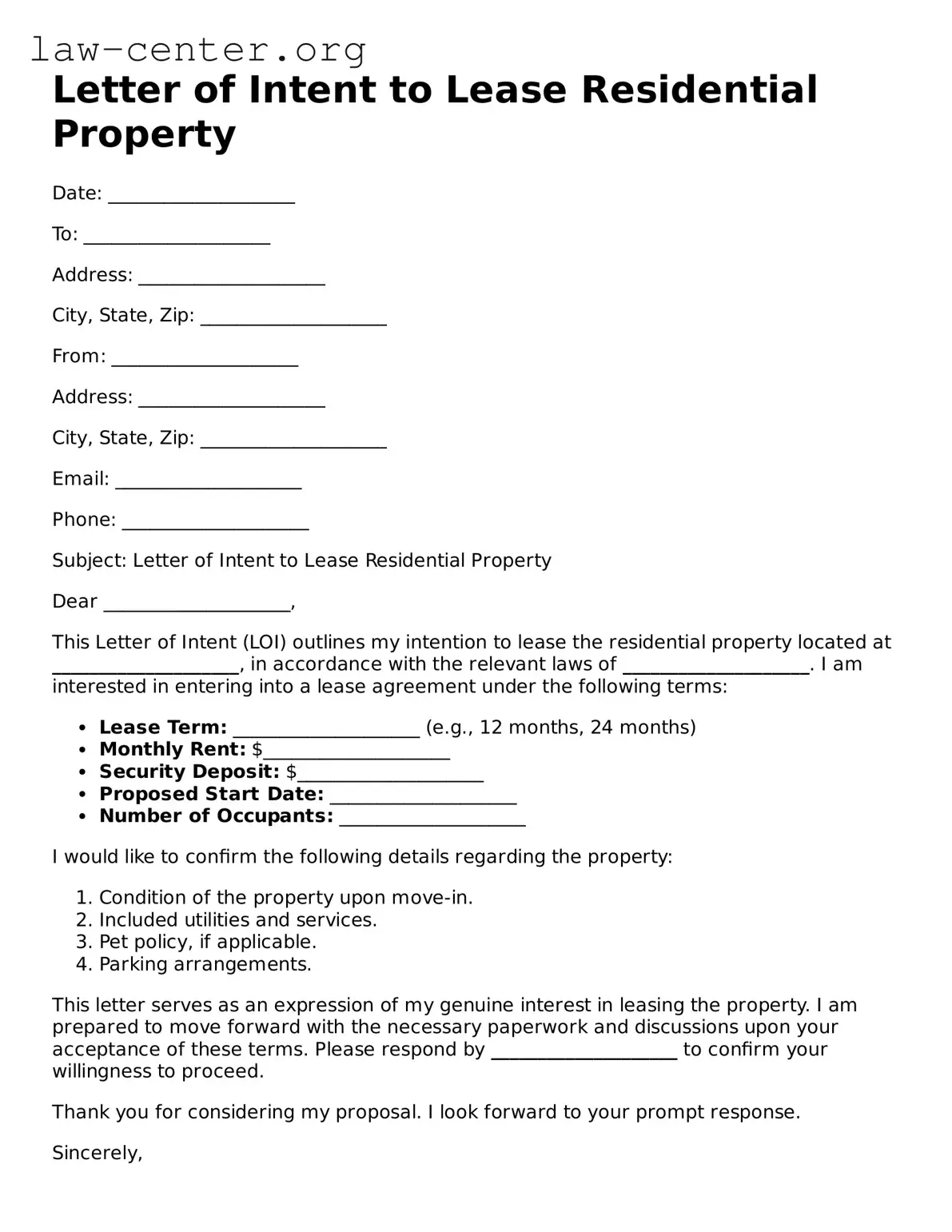 Free Letter of Intent to Lease Residential Property Template