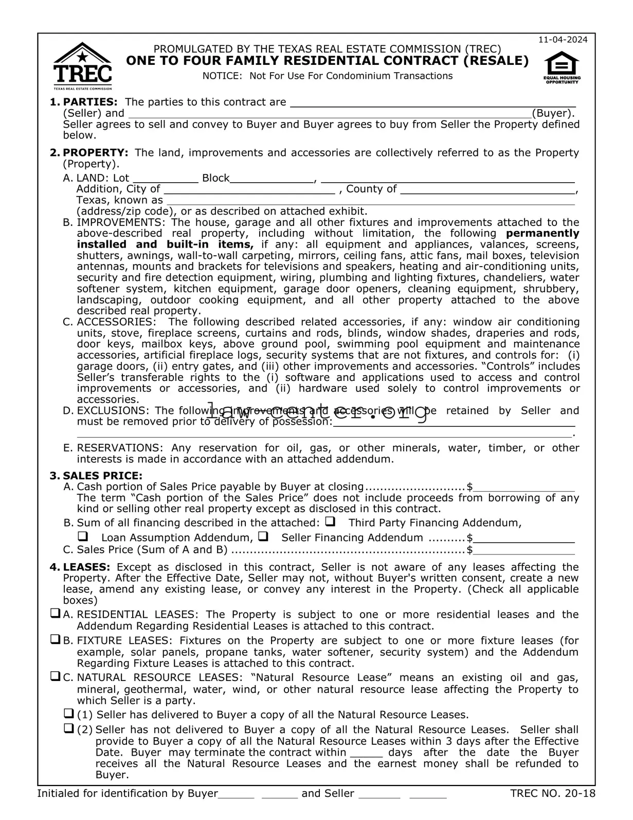 Get TREC One to four family residential contract Form