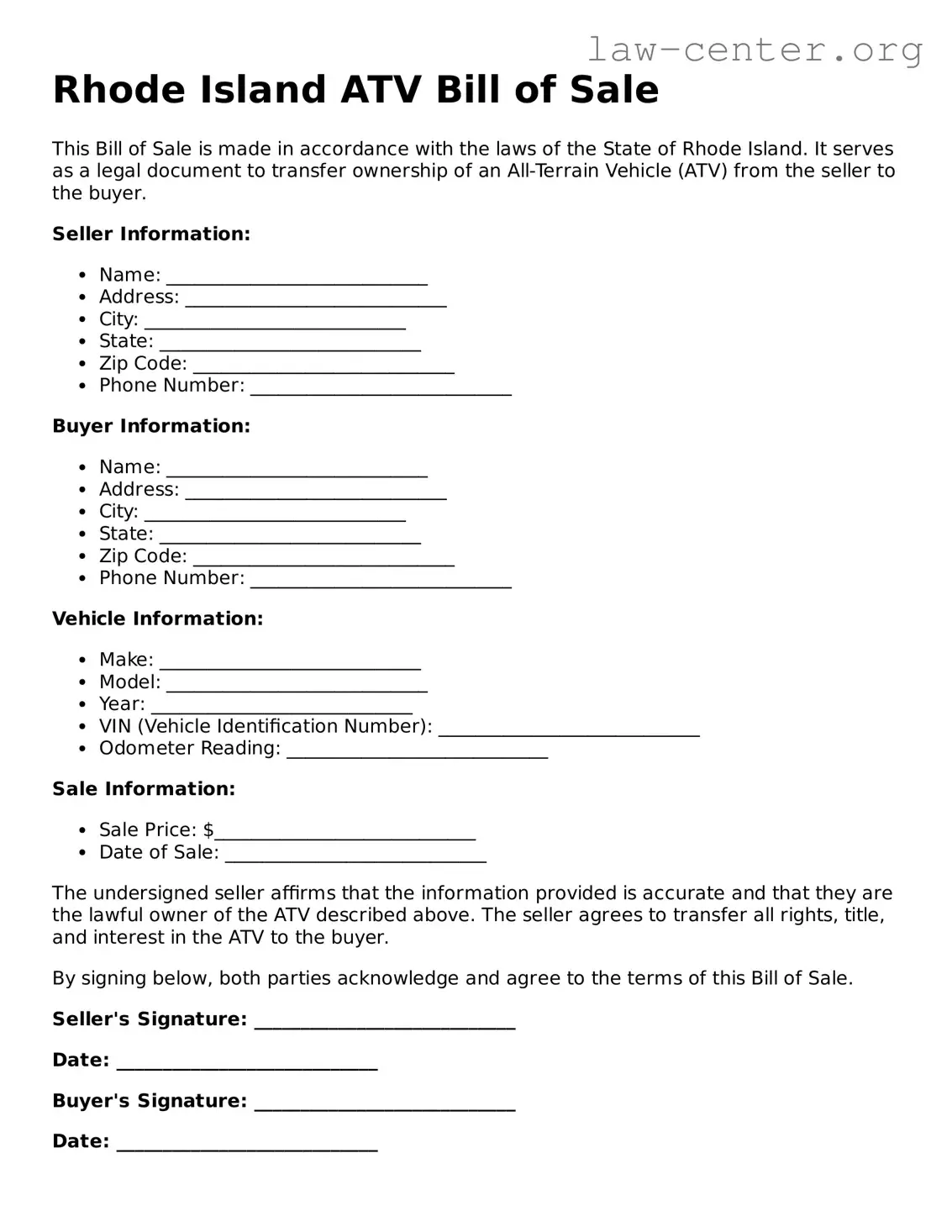 Attorney-Approved Rhode Island ATV Bill of Sale Document