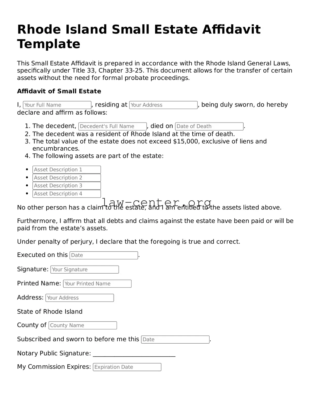 Attorney-Approved Rhode Island Small Estate Affidavit Document
