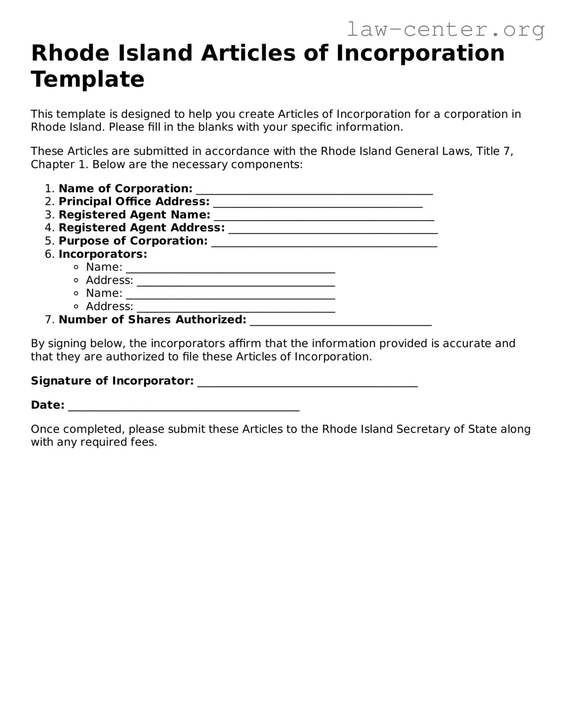Attorney-Approved Rhode Island Articles of Incorporation Document