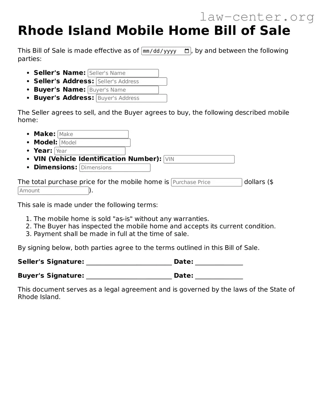 Attorney-Approved Rhode Island Mobile Home Bill of Sale Document