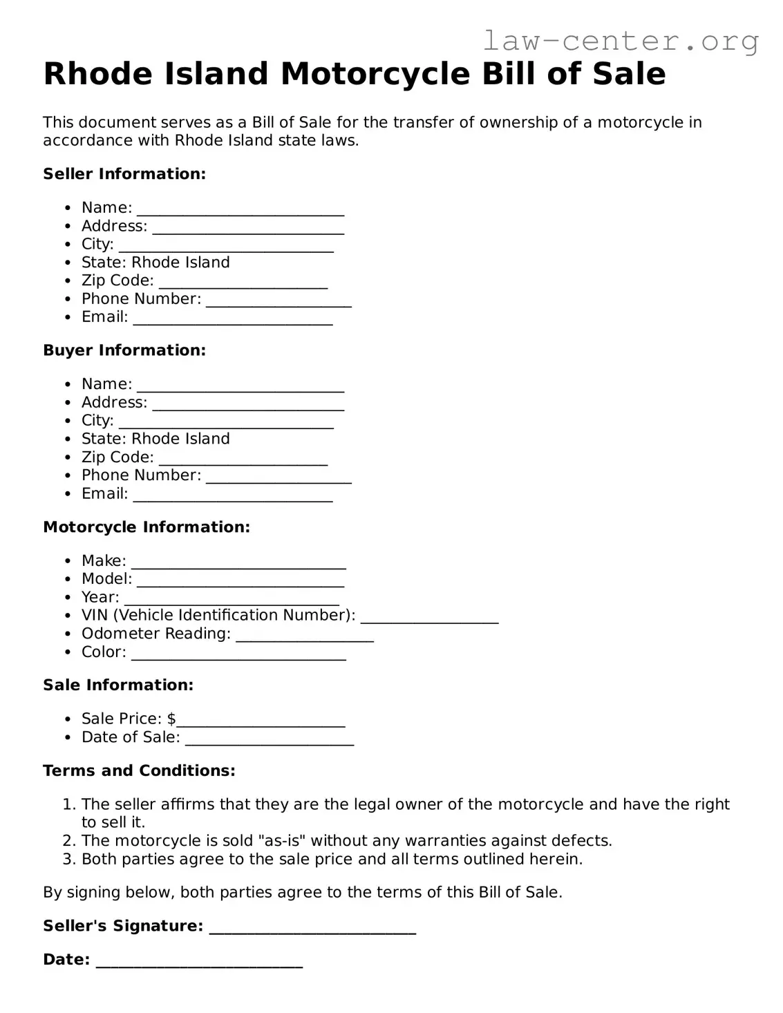 Attorney-Approved Rhode Island Motorcycle Bill of Sale Document