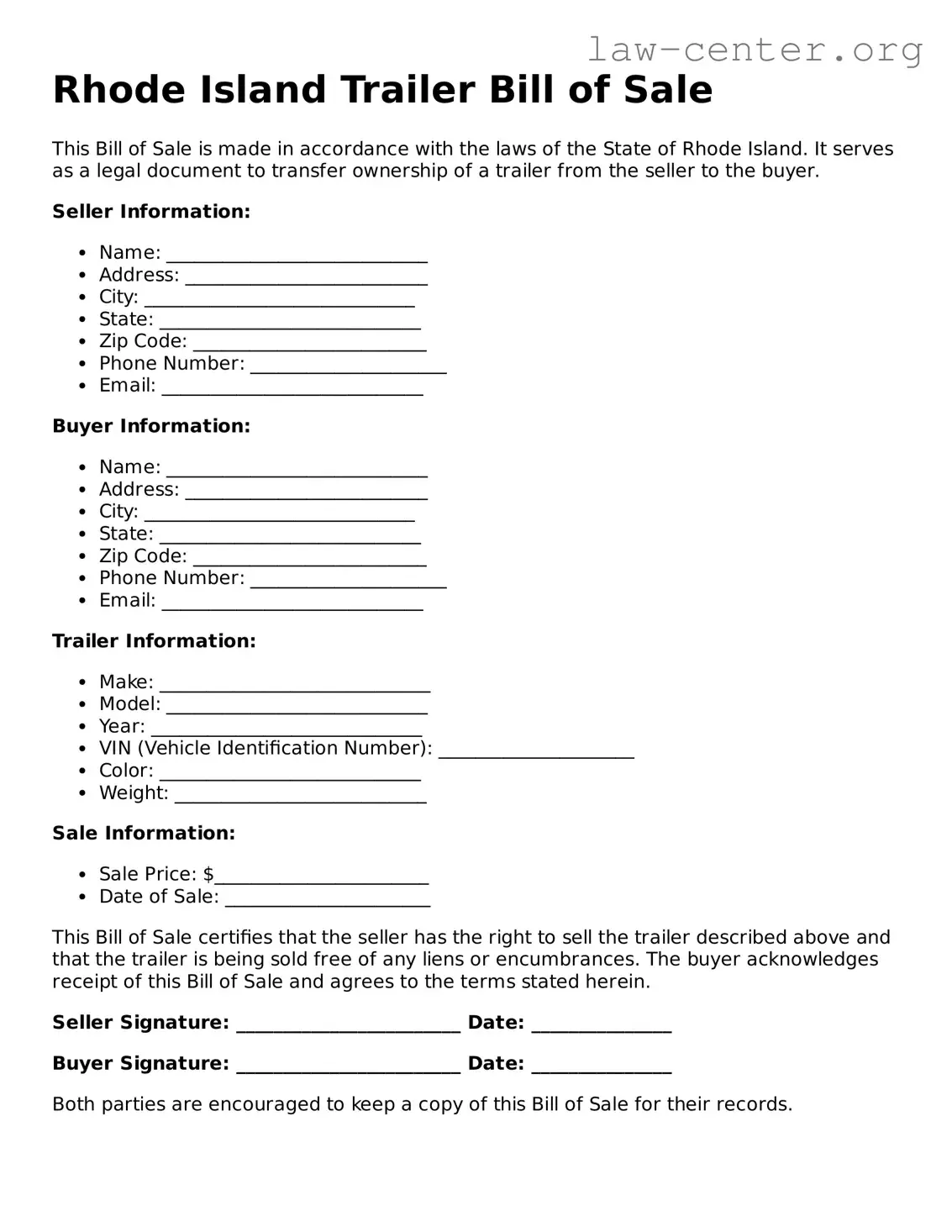 Attorney-Approved Rhode Island Trailer Bill of Sale Document