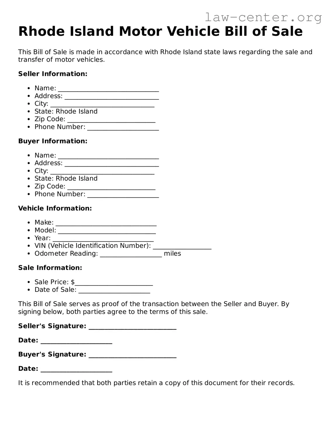 Attorney-Approved Rhode Island Motor Vehicle Bill of Sale Document