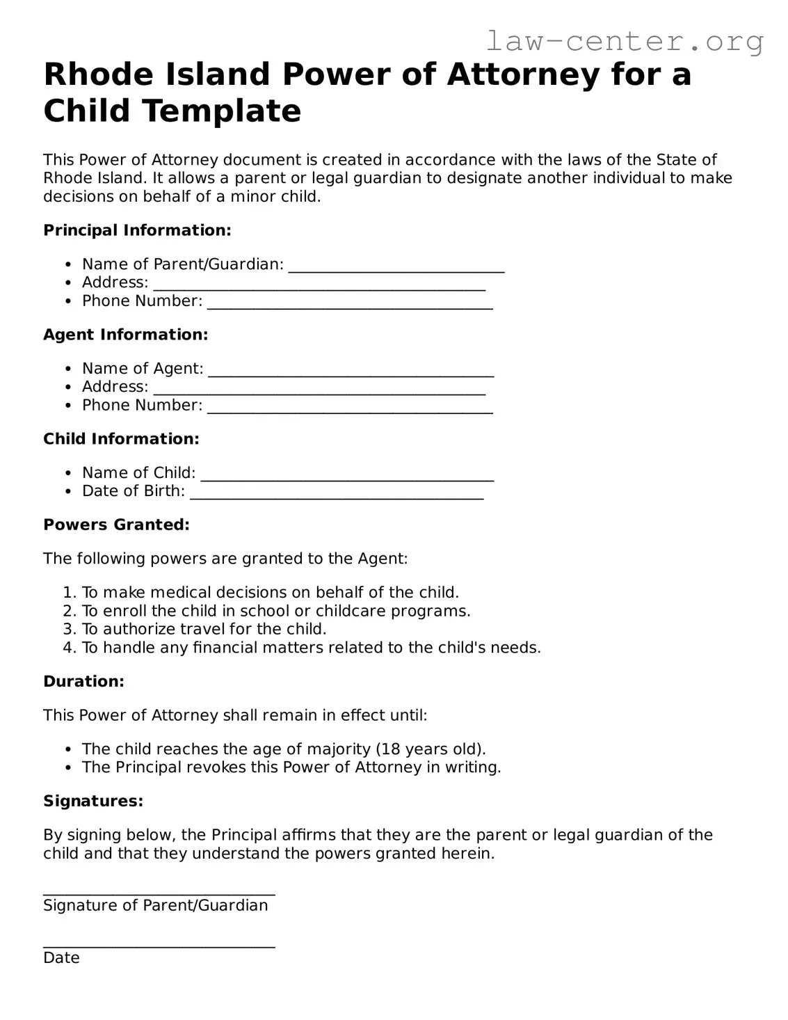 Attorney-Approved Rhode Island Power of Attorney for a Child Document